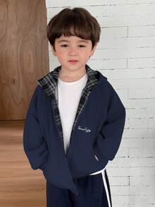 DAZY Young Boy Fleece Jacket, Patchwork Plaid Hooded Casual Loose Fit Letter Print Minimalist Autumn Spring - Navy Blue - View 6