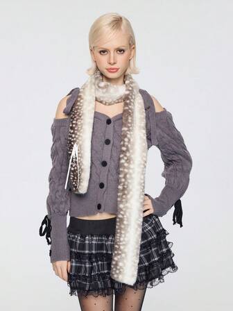 Kawaii 1 pieza Bufanda suave y cálida con estampado de ciervo gris con lazo, diseño de decoración de ciervo, moda Y2K minimalista y versátil para mujer, adecuada para uso diario, escuela, citas, viajes, compras, etc.