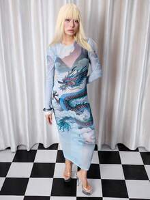 Y2Kool BiGraphic Blue, Chinese Elements, Oriental Elements, Ink Painting, Dragon, Clouds, Sky, Mesh, Sheer, Sexy, Y2K, Streetwear, Casual, Baddie, Women's Dress With Long Sleeves, Suitable For Summer, Autumn, Winter,Parties, Gatherings, Vacations, Daily Wear - Blue - View 2