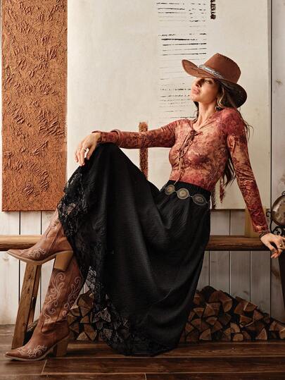 Wildy Casual Solid Color Western Country Lace Patchwork Women Skirt, Suitable For Autumn/Winter Daily Wear