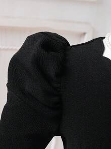 SHEIN Baby Girls' Long Sleeve Ruffle Lamb Dress With Bow & Heart Mesh, Suitable For Daily Gatherings, Elegant And Cute Outfit - Multicolor - View 6