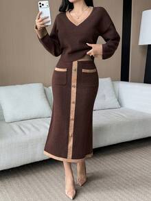 DAZY 女士休闲V领撞色毛衣套装，带口袋和纽扣装饰，搭配直筒半身裙，秋冬款 - 棕色 - 查看 4