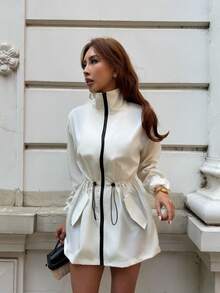 Pariaura 女士抽绳腰带拉链高领长袖时尚风衣 - 米色 - 查看 7