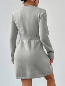 SHEIN LUNE 休闲纯色收腰针织连衣裙，秋冬季 - 灰色 - 查看 2