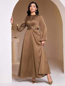 Veilorie 女士优雅灯笼袖交叉裹腰连衣裙，简约纯色，适合正式场合 - 咖啡棕 - 查看 2