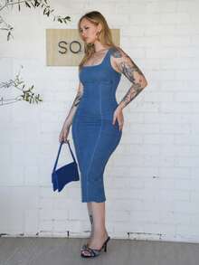 Arliah Summer Clothes /Country Concert Outfit/Country Concert/Tea Party Dress /Elegant /Concert Outfits /Casual Women Outfits/Summer Clothes /Dress Beach/Summer Clothes /Tea Party Dress /Beach Vacation Outfits/Long Sleeveless Blue Denim Dress - Blue - View 3