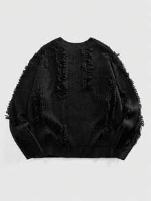 ROMWE MEN Grunge Punk Spring/Summer Casual Graphic Men'S Casual Solid Color Distressed Jacquard Knit Sweater, Autumn/Winter - Black - View 2