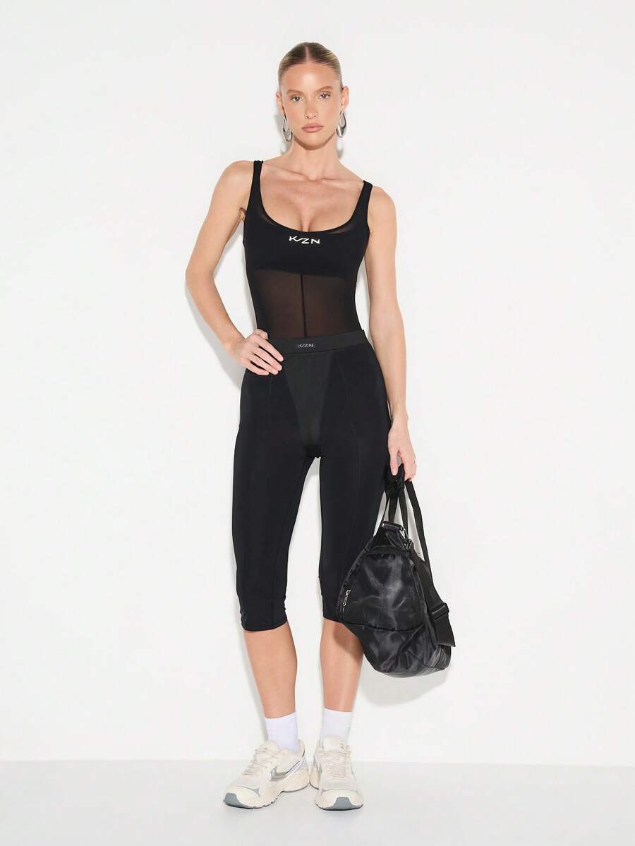 KIZN Mesh Panel High Rise Capri Leggings With See Through Detail And Waistband Logo - Black - View 1