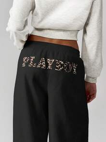 Missguided x Playboy Leopard Print Applique Wide Leg Joggers With Elastic Waistband And Drawstring Comfortable Casual Sweatpants For Fall Winter - Black - View 4