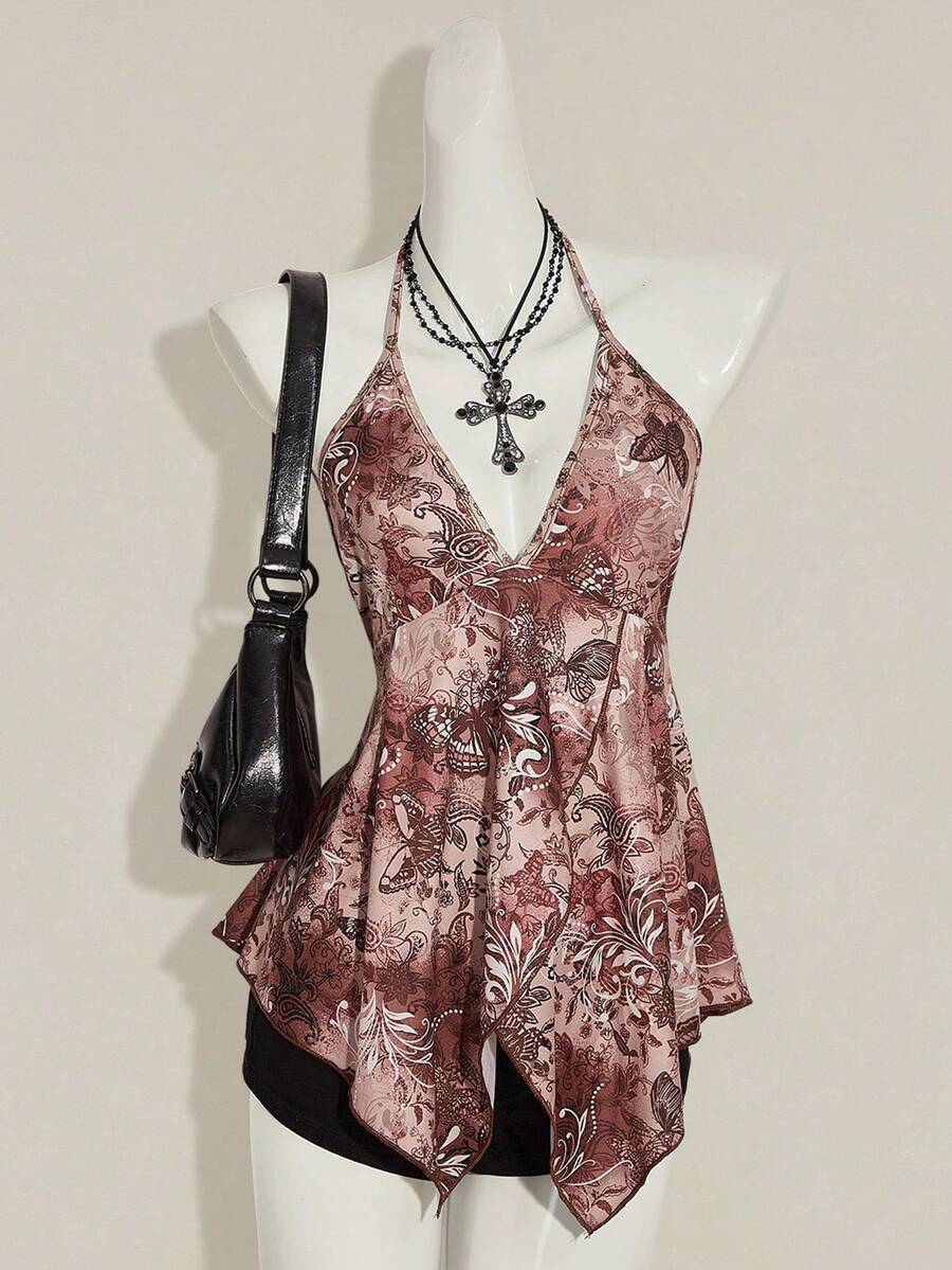 SHEIN ICON Áo hai dây hở lưng in họa tiết cổ điển - màu nâu - Xem 1