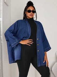 SHEIN CURVE+ 大码女式宽松牛仔开衫外套，V领休闲牛仔风女装，中长款大码牛仔外套 - 深色水洗藍 - 查看 3