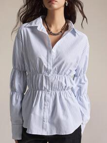 Easelle Casual Retro Waist Cinched Striped Tuck In Your Waist Comfortable And Skin-Friendly Women Shirt Shirts For Women Elegant Blue And White Shirt Blue Striped Shirt Cinched Waist Top - Multicolor - View 5