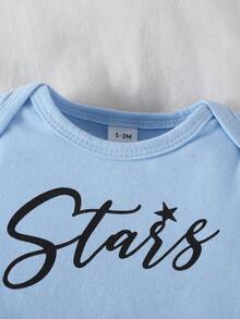 新生儿长袖连体衣、连脚裤和围兜三件套，可爱家居服 - 藍色 - 查看 5