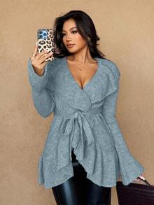 Islaluna 女士优雅法式浪漫翻领荷叶边系带开衫，秋冬款 - 薄荷藍 - 查看 3