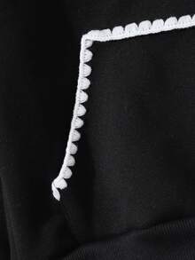 SHEIN 1件青少年女孩時尚刺繡對比飾邊運動衫，黑白配色，秋季休閒校園開學大學風極簡必備運動衫 - 黑色 - 查看 5