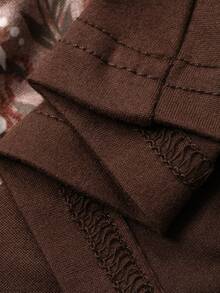 DAZY 女士V领撞色腰身复古花卉图腾印花蝙蝠袖优雅衬衫 Y2k - 棕色 - 查看 7