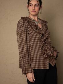 Freevana Áo sơ mi dài tay họa tiết hoa voan cỡ lớn cho nữ, áo cánh dài tay họa tiết hoa Bohemian, viền bèo nhún, hàng mới về đầu xuân - Nhiều màu - Xem 5