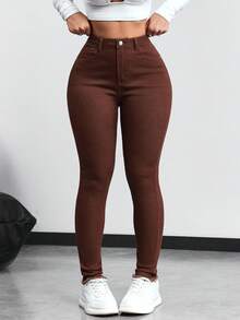 SHEIN Tall Women's Casual Commuter Washed Skinny Jeans - Brown - View 5