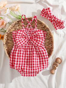 SHEIN Vintaside Kids 2件套女婴时尚可爱条纹露肩连体衣和发带套装，夏季派对 - 紅色 - 查看 10