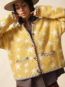 Bohemela 波西米亚风春/冬外套，女士休闲复古星形提花双口袋多功能长袖开襟羊毛衫，西部乡村风格，适合海滩度假、日常穿着、返校、外出、派对、新年、情人节、2000年代复古风、Y2K夏季假期、海滩 - 黃色 - 查看 2