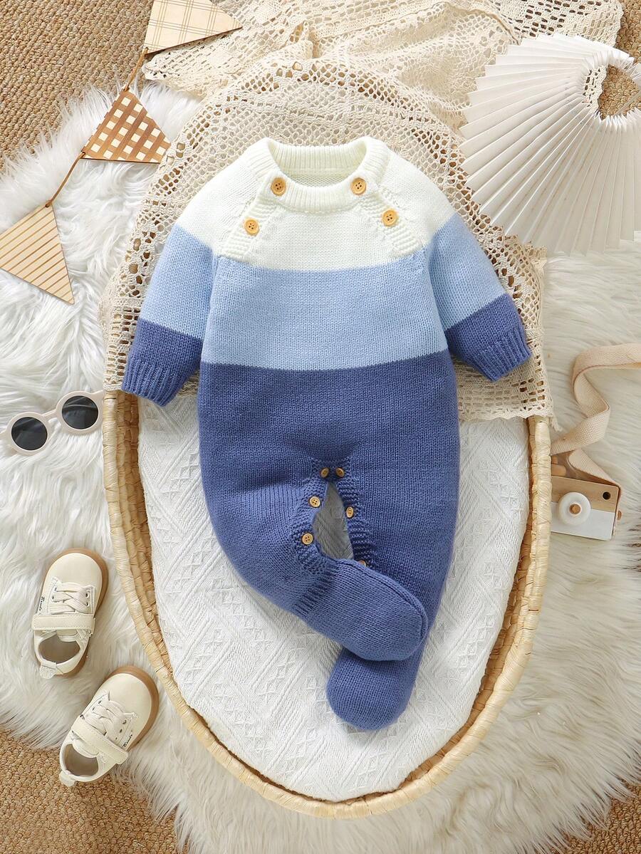 1件婴儿蓝色条纹针织连体衣,圆领长袖撞色新生儿休闲连体衣 - 藍色 - 查看 1