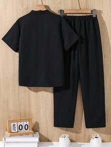 SHEIN Bộ 2 quần dài ống đứng, thoải mái hàng ngày, cổ đứng, hở phía trước, dáng rộng cho bé trai/trẻ vị thành niên - màu đen - Xem 2