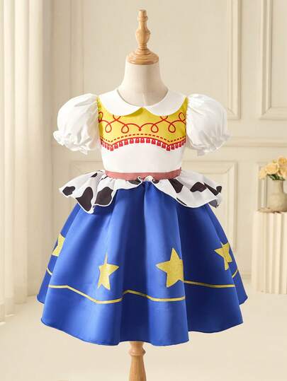SHEIN Glamorique Kids 女童公主裙，生日派对婚礼节日舞会礼服，星光亮片印花，奶牛印花，泡泡袖，蓝色薄纱裙，可爱俏皮，舞台表演，中东和欧洲，秋冬新款