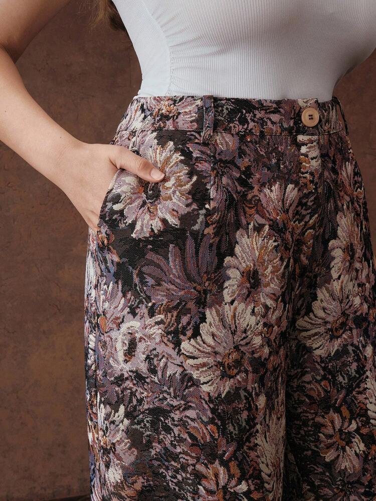 Valentine Plus Size Women Retro Elegant Jacquard Patterned Slim Fit Vacation Suit Pants