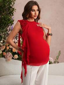SHEIN Elegante camiseta de maternidad sin mangas con volantes en el bajo de color liso para fiesta - Rojo - Ver 3
