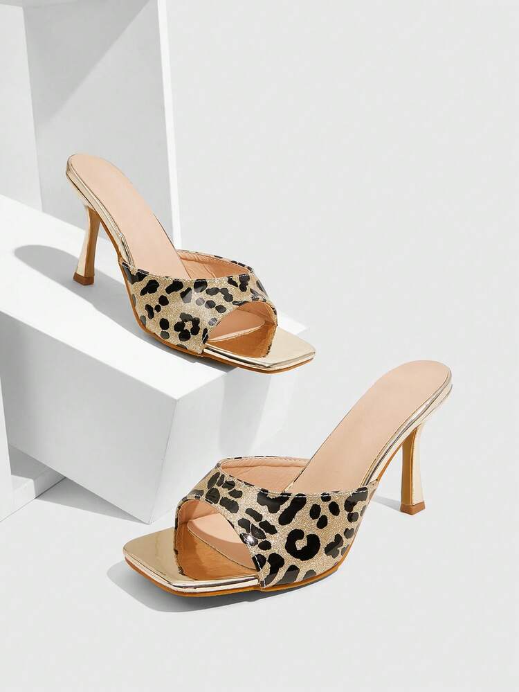 CUCCOO SZL Women's Square Toe Leopard Print Fashion Casual High Heel Slide Sandals For Christmas