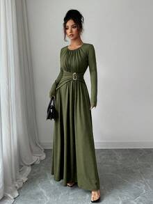 Elenzga Đầm dài tay xếp ly cổ tròn màu trơn thanh lịch dành cho nữ - Màu xanh Ô liu - Xem 5