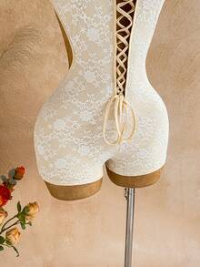 Soleia New Lace Front Tie Hollow Out High Stretch Bodysuit, Suitable For Party, Date, Valentine's Day, Carnival, Afternoon Tea, Beach, Cruise, City Vacation, Music Festival, Commute, Daily Wear, Bohemian, Boho, Romantic Floral, Vacation, Floral Women's Jumpsuit Black Bodysuit Party Outfit