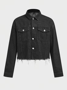 FeverCity Men's Casual Cropped Denim Jacket, Autumn - Black - View 1