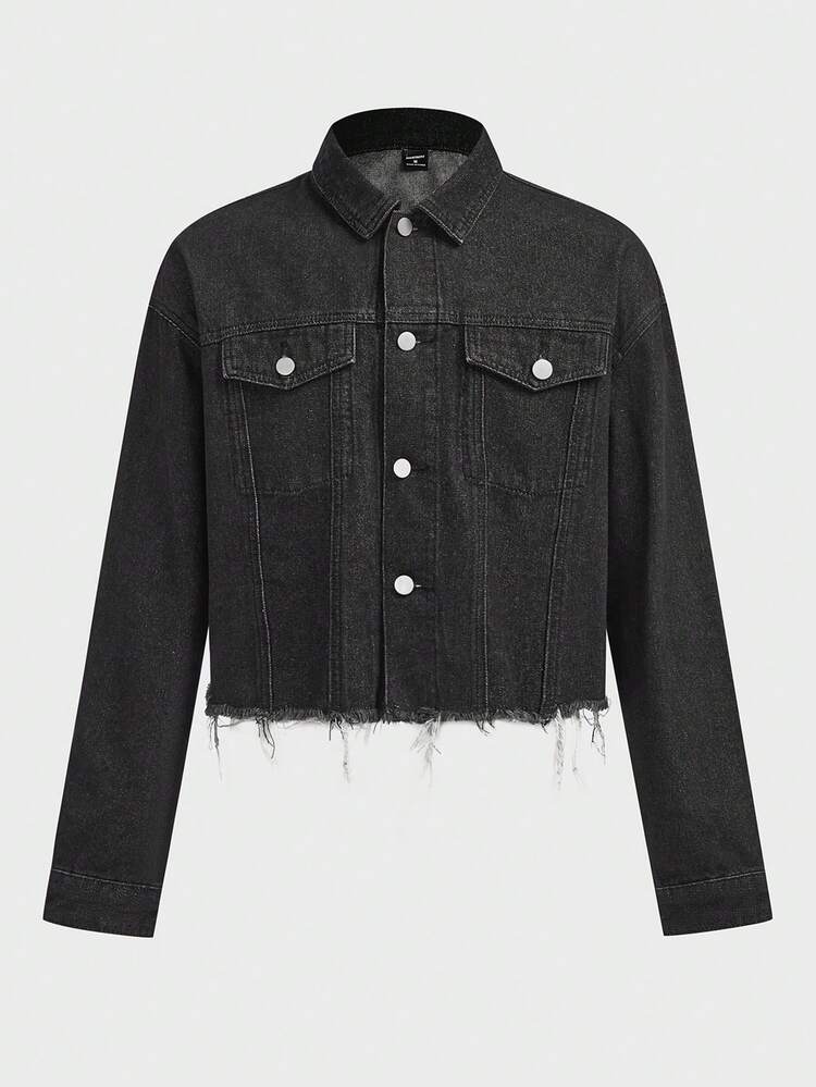 FeverCity Men's Casual Cropped Denim Jacket, Autumn - Black - View 1