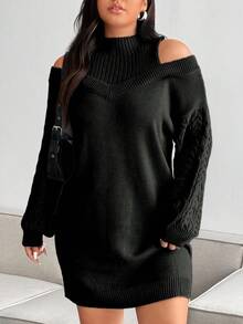 Vionelle Vestido de suéter de invierno con hombros descubiertos, cuello alto, manga farol y detalles sexys, de punto suave en gris, para mujeres de talla grande - Negro - Ver 7