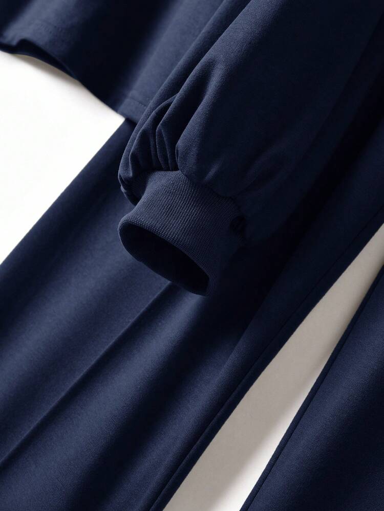 SHEIN RusticEase Women's Casual Solid Color Lantern Sleeve Top And Pants 2 Pieces Set, Autumn Two Piece Set Women Comfy 2 Piece Casual Sets Woman Two Piece Lounge Set Long Sleeve Set Comfortable Two Piece Set - Navy Blue - View 3