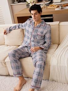CoupledUp Classic Plaid Contrast Trim Men's Pajama Set - Multicolor - View 8