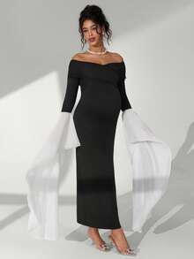 Cheriluna Maternity Elegant Maternity Photoshoot Dress, Off-Shoulder Ruched Long Sleeve Maxi Dress - Black - View 7