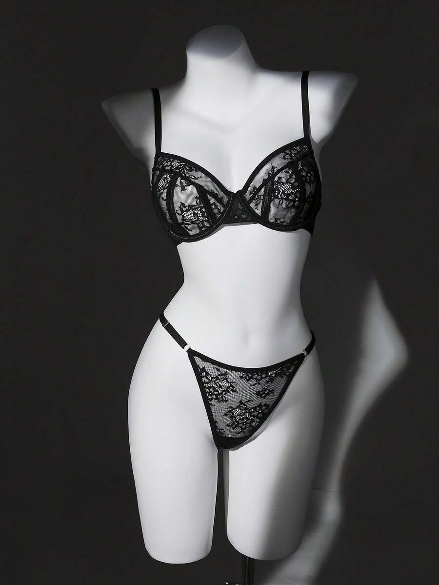 Set de 2 piezas de lencería con sujetador con aros de encaje y contraste de malla y pantis para mujer - Negro - Ver 1