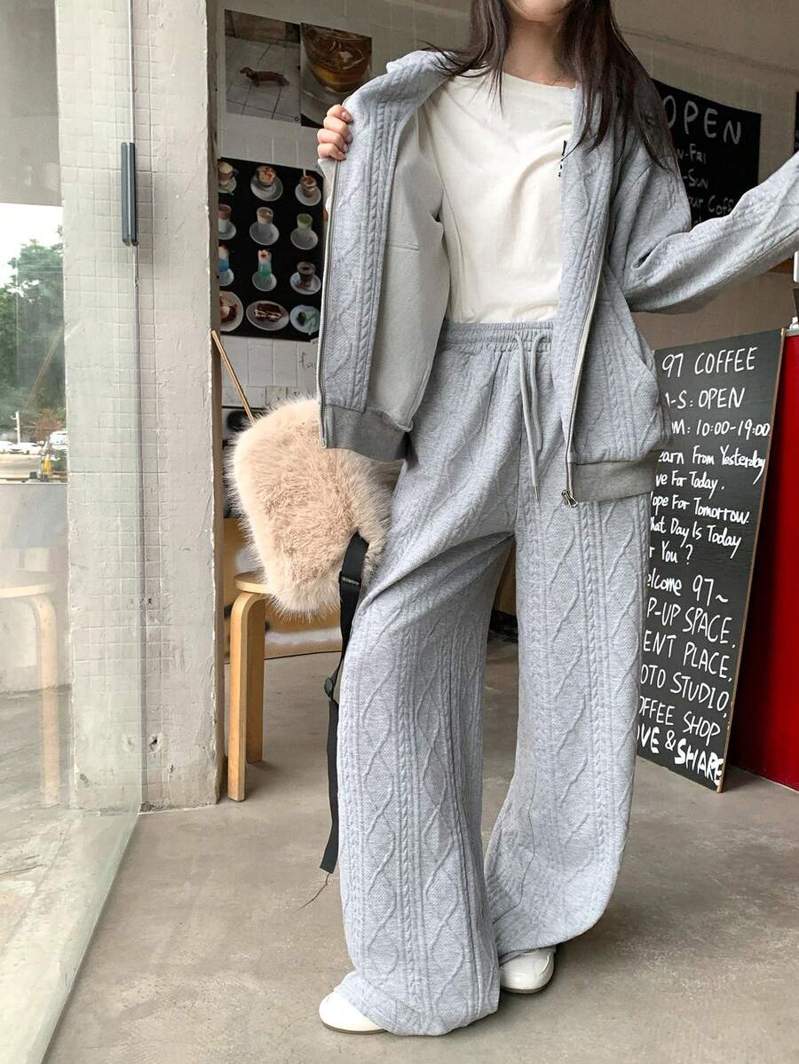 DAZY 女士休闲纯色纹理连帽衫和裤子两件套，秋冬家居服套装 - 灰色 - 查看 1