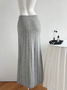 Elamini Women's Gray Wide Ribbed Long Side Tie Casual Fashionable Versatile Elegant Knit Skirt, Autumn/Winter - Grey - View 2