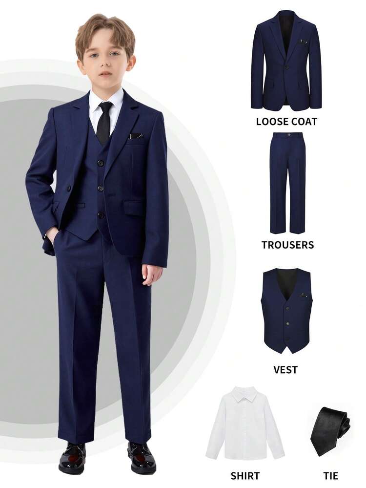 SHEIN 5 Stücke Anzug Set für Tween Jungen, beinhaltet Sakko mit Revers, einreihige Weste, Hose mit halbelastischem Bund, weißes Hemd und Krawatte. Geeignet für den täglichen Gebrauch, Preisverleihungen, Geburtstagsfeiern, Hochzeiten, Hochzeitsgäste, Pageboy, Ringträger - marineblau - Übersicht 3