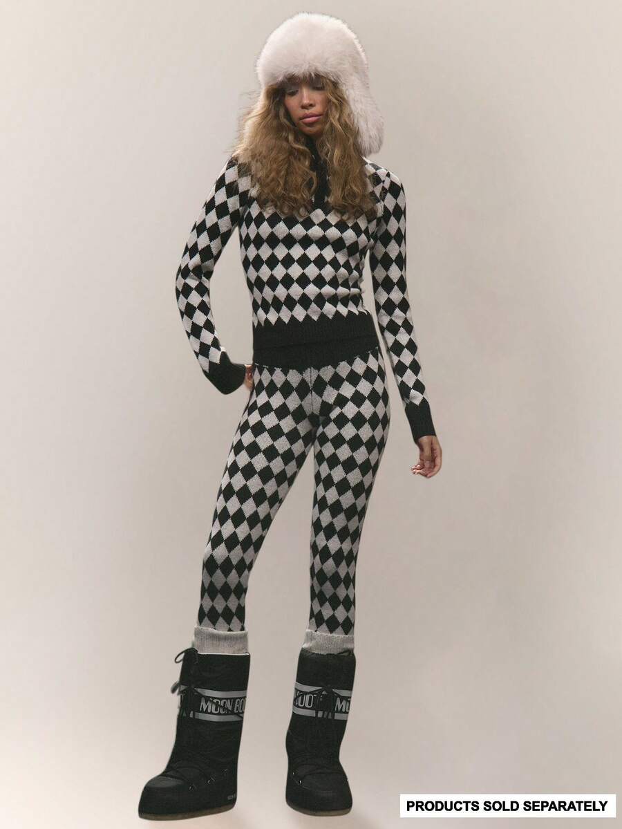 MUSERA Thick Ribbed Zip Through Waistband Argyle Cross Fitted Knit Leggings Only Autumn Fall Winter Ski Vacation  Lounge Holidays  Spring - Multicolor - View 1