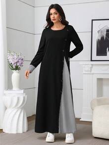 Al Najma Round Neck Front Button Solid Color Striped Casual Dress - Black - View 5