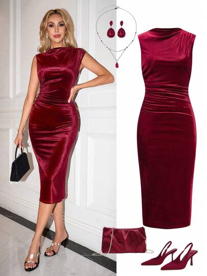 Ellevyn Elegant Red Christmas Dress  Women's Sleeveless Pleated Printed Mesh Knit Dress, Summer Velvet Dresses Red Outfit Burgundy Outfit Women Dress Red Cherry Outfit Women Red Dress Women  Women's Autumn And Winter Dresses  Velvet Stretch Waist-Cinching Sleeveless Long Dress For Banquets, Parties, Evening Events, And New Year's/Christmas Occasions.   Luxury Evening Dresses For Women Elegant Dresses For Women   Hristmas Women's Clothing   New Women's Autumn/Winter Clothing Long Party Dress  Elegant Dresses For Party Red Dress For Women  Valentine Clothes Valentines Day Dress