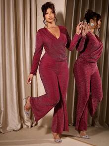 Cravure Plus Size Women V-Neck Ruched Long Sleeve Fitted Shiny Elegant Jumpsuit For Party - Burgundy - View 1