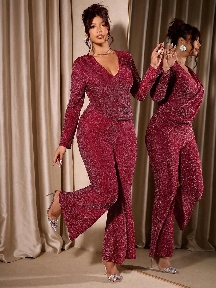 Cravure Plus Size Women V-Neck Ruched Long Sleeve Fitted Shiny Elegant Jumpsuit For Party - Burgundy - View 1