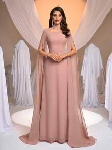 Aureia 优雅、浪漫、时尚、高贵的莲藕粉色雪纺A字连衣裙，优雅的派对礼服，婚礼宾客礼服，粉色连衣裙，时尚优雅的婚礼宾客礼服，伴娘礼服 - 藕粉色 - 查看 5