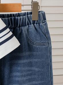 Mirajuku 2pcs/Set Boys' Casual Striped T-Shirt With Denim Pocket Patchwork, Paired With Ripped Jeans, Fashionable Outfit For Multiple Occasions - Blue - View 5