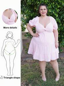 Truni Sometimesglam Plus Size Women's Pink Twist Front Mid-Length Vacation Babydoll Dress, Romantic Bohemian Style, For Pear Triangle Body Shape